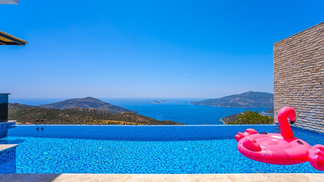 Sonsuzluk havuzunda pembe flamingo deniz yatağı ve arka planda deniz ile dağ manzarası.