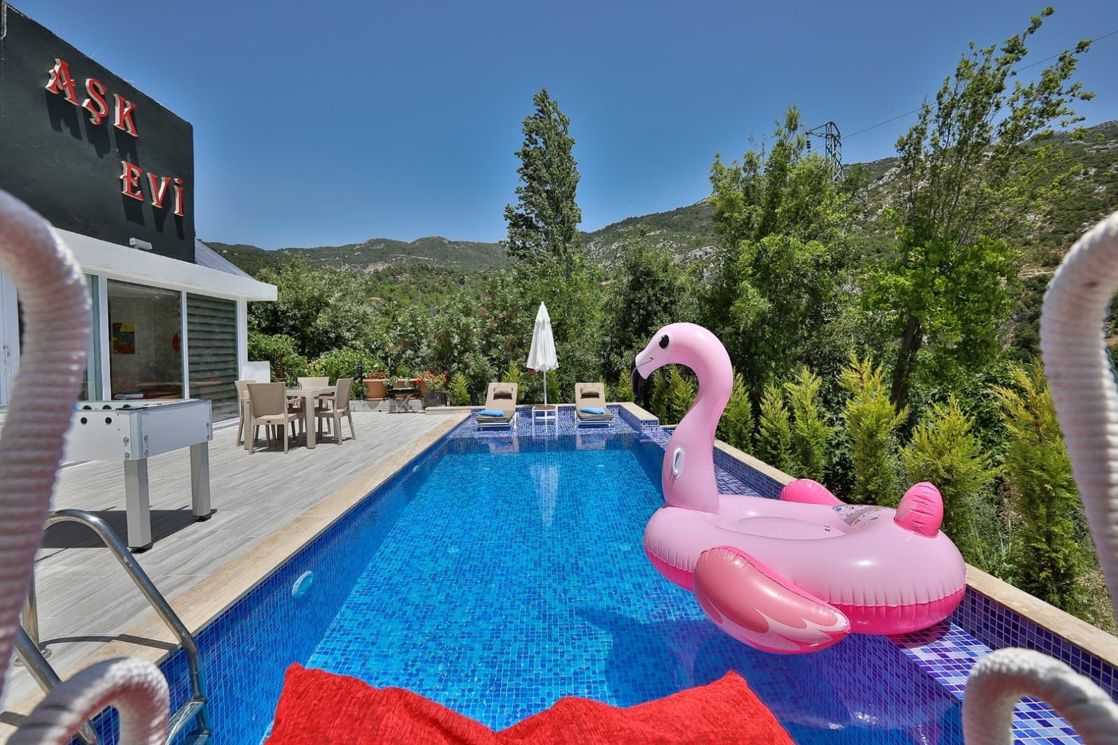 Bahçesinde pembe flamingo deniz yatağı ve havuz bulunan villa dış mekanı.