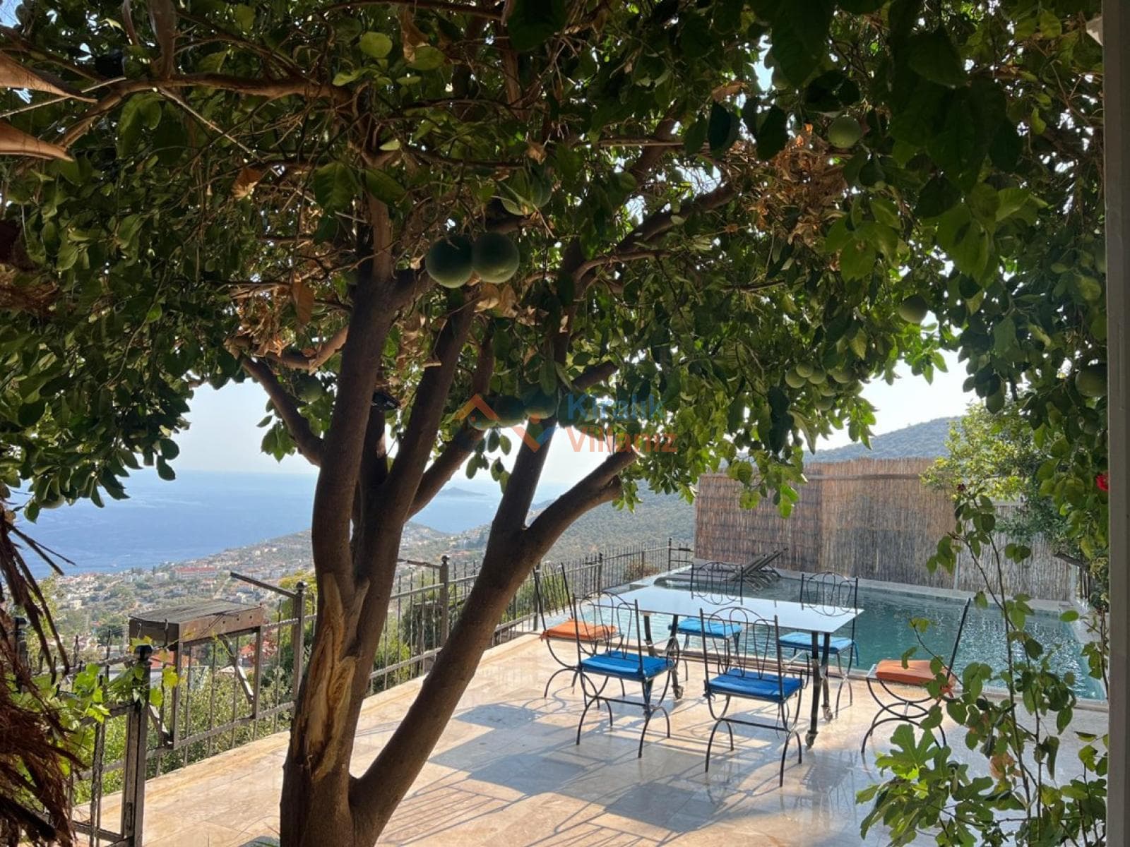 Ağaç altındaki yemek masası ve arka planda deniz manzaralı yüzme havuzu.
