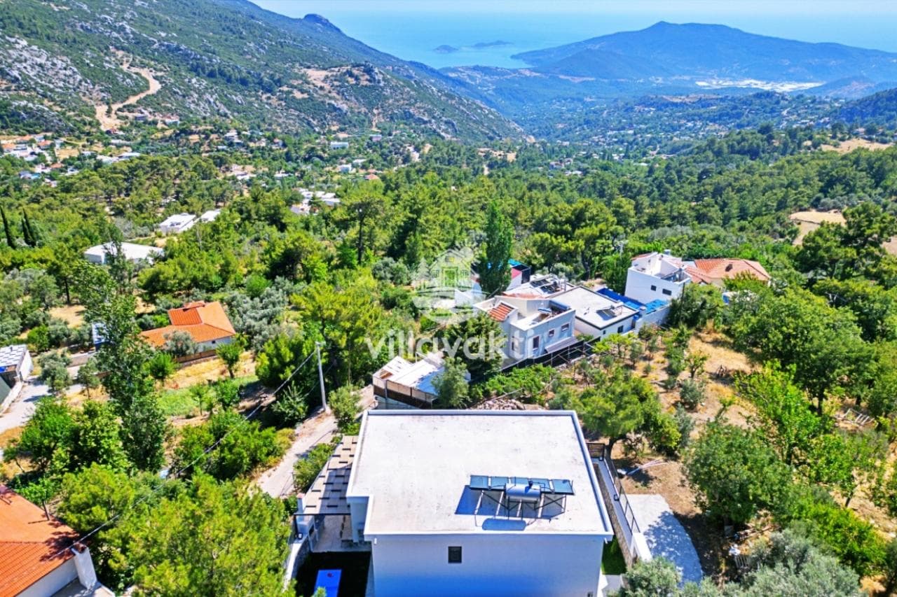 Yeşillikler ve dağlar arasına kurulmuş villaların havadan görünümü.
