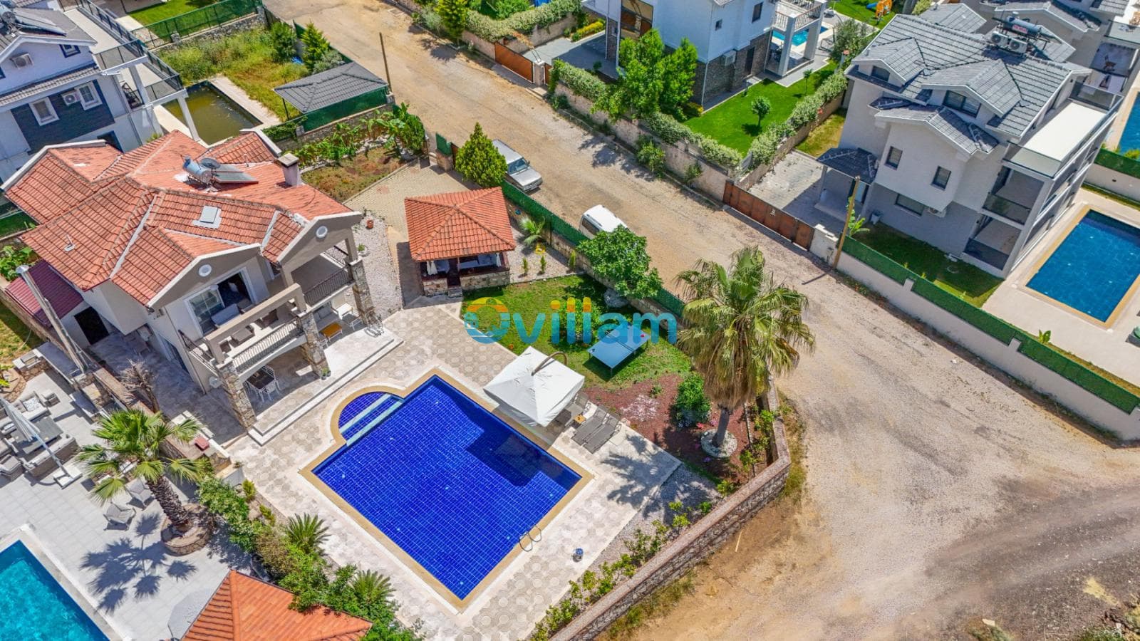 Havuzlu villanın havadan ve üst açıdan genel görünümü.