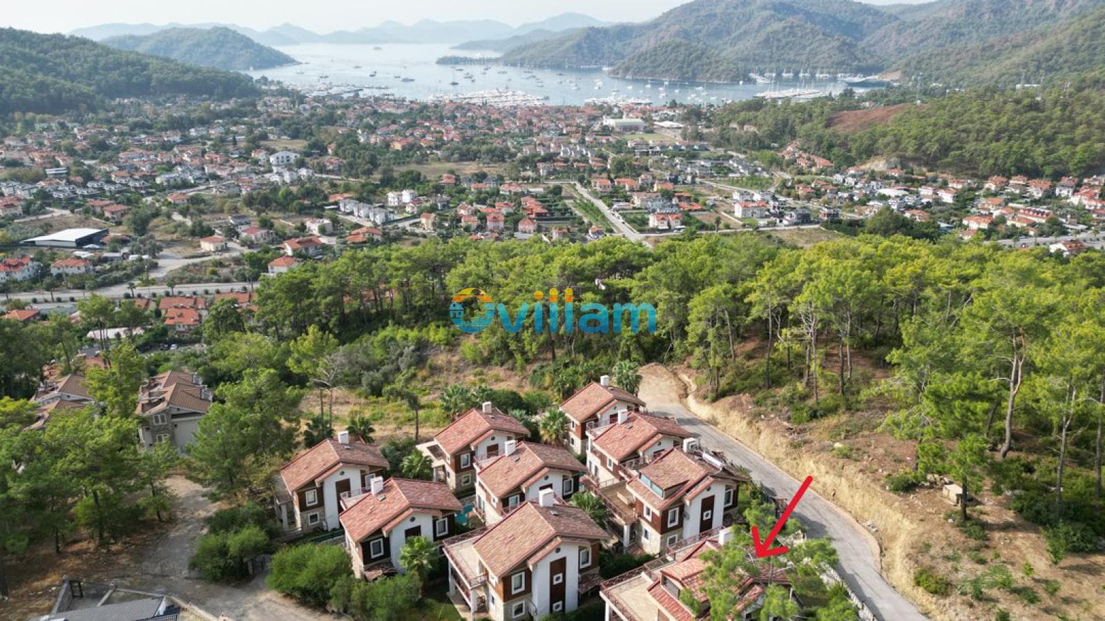 Kiremit çatılı villaların ve ormanın yer aldığı tepeden deniz ve marina manzarası görünür.