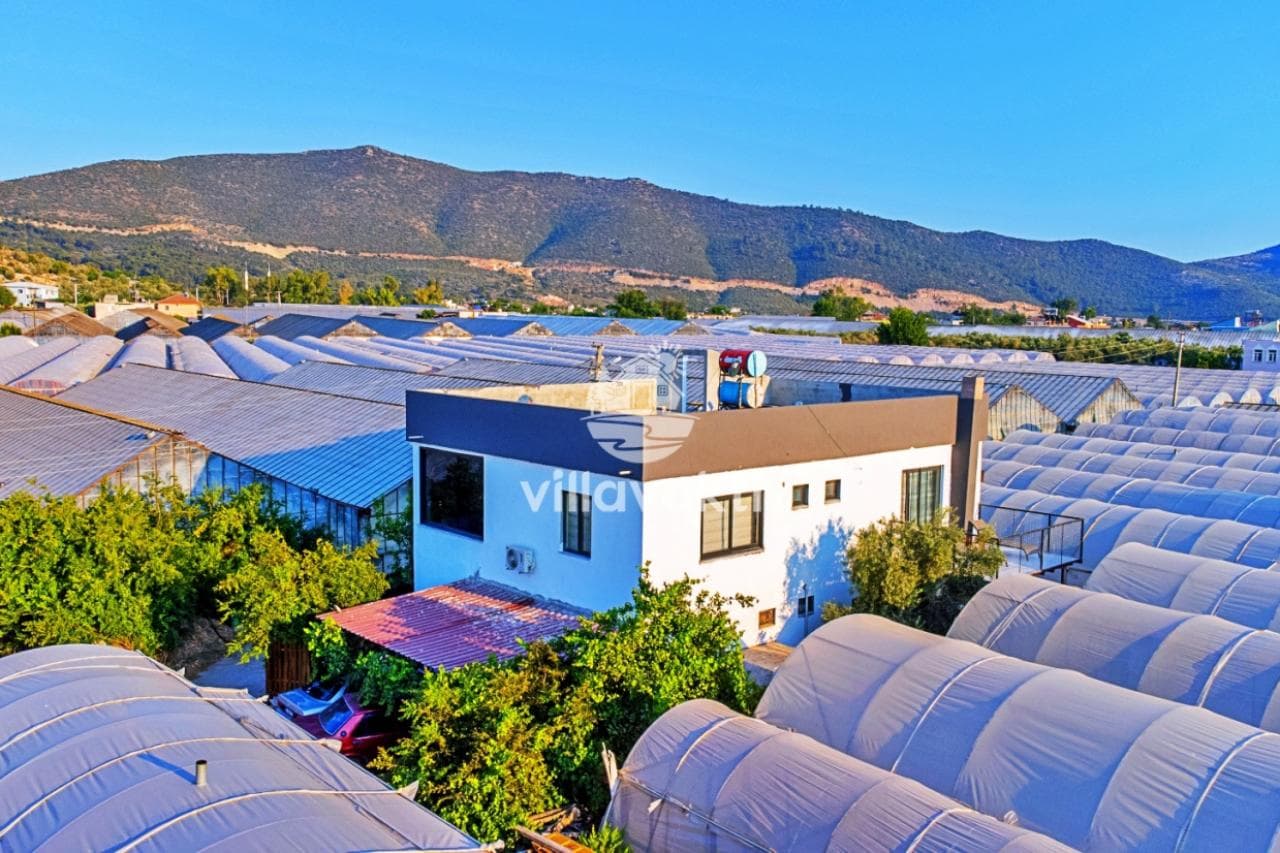 Seralarla çevrili bölgede iki katlı beyaz villa ve dağ manzarası.