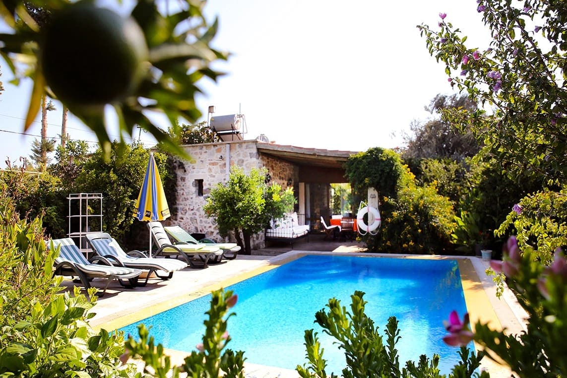 Yeşillikler ve ağaçlar arasında taş duvarlı villa ve havuz.