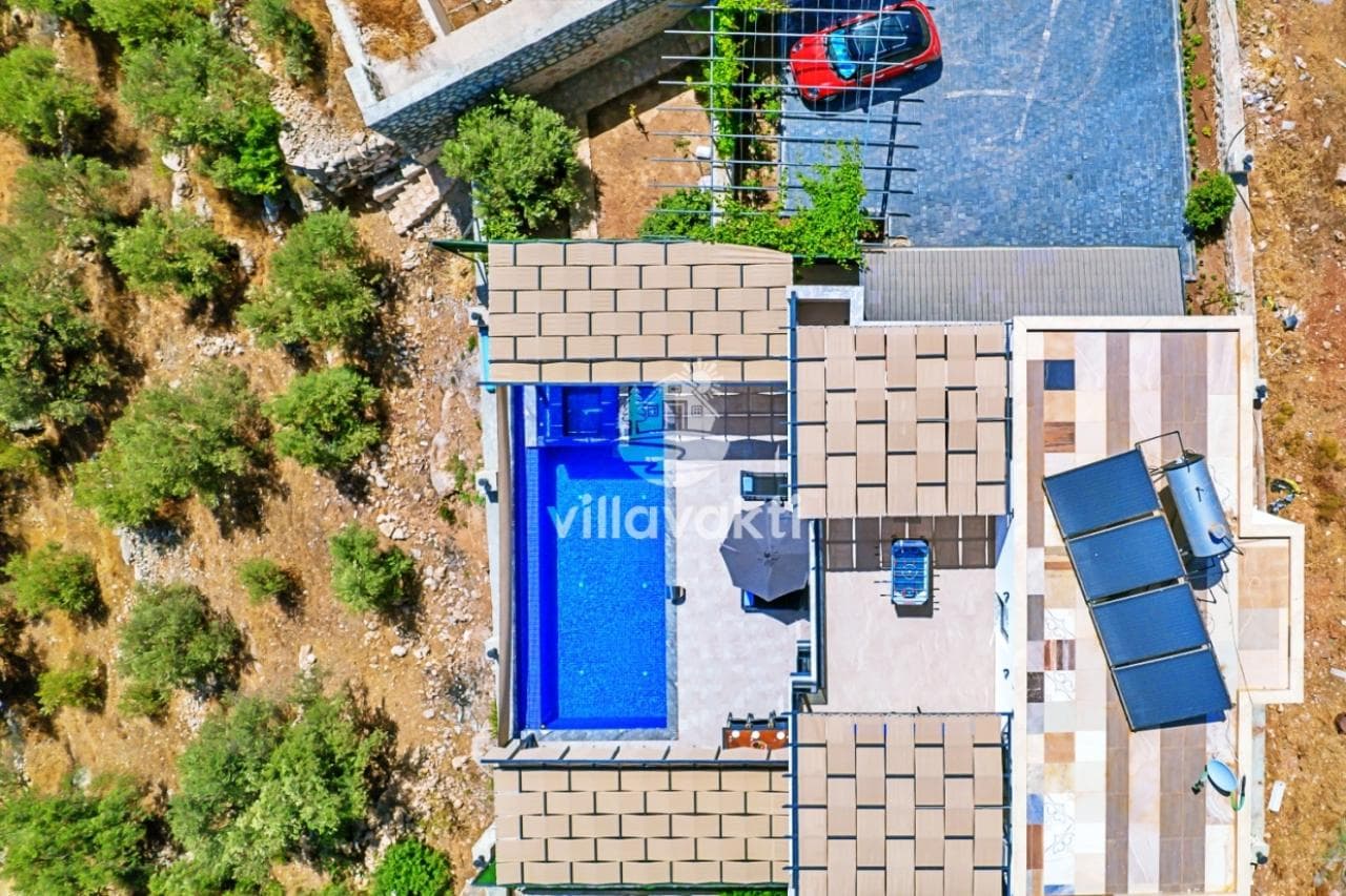 Havuzlu villanın havadan görünümü ve çevredeki zeytin ağaçları.
