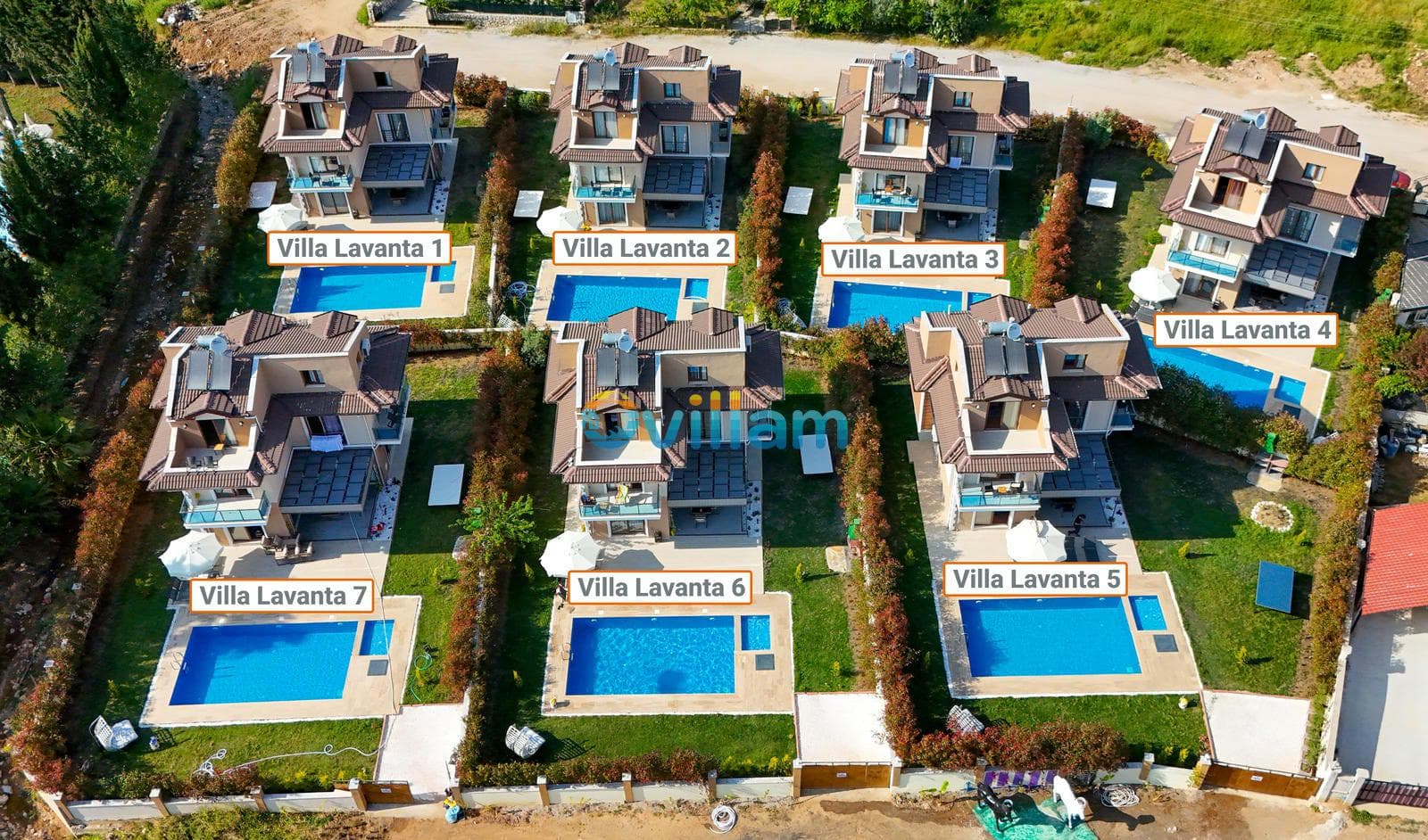 Havuzlu benzer villaların havadan genel görünümü