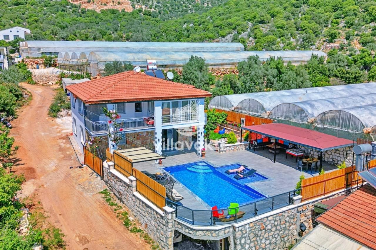 Yeşillikler içindeki havuzlu villanın havadan görünümü