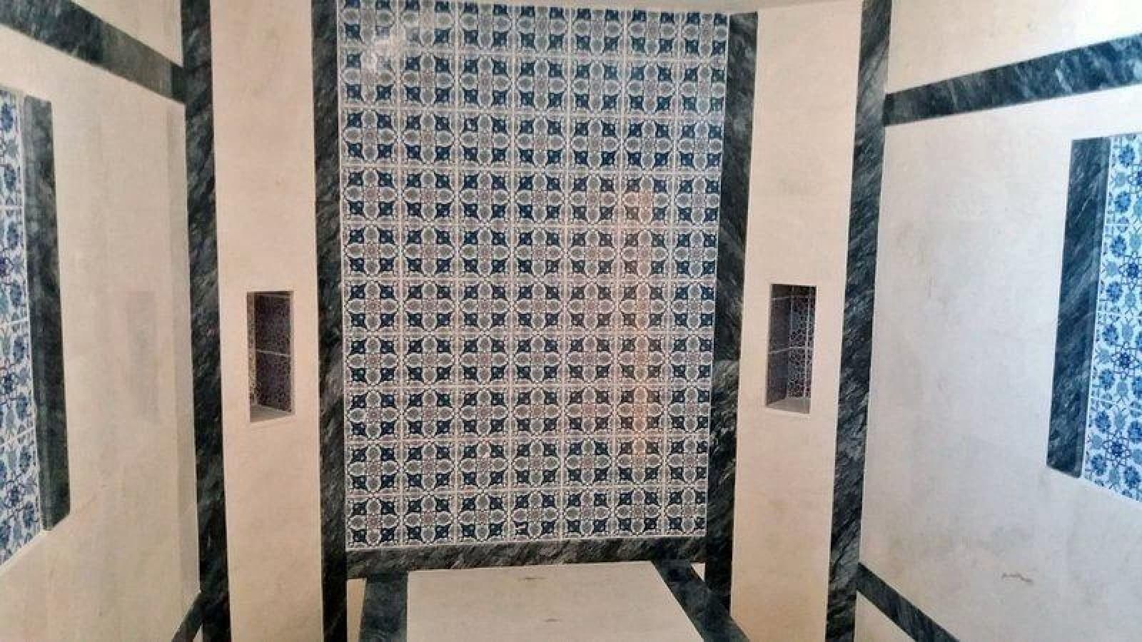 Duvarlarında mavi beyaz desenli çiniler bulunan duş alanı.