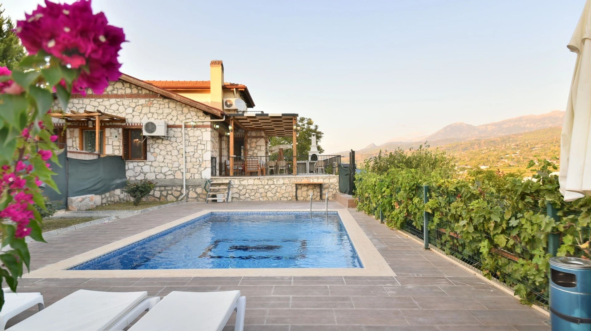 Taş villa, havuz, asma yaprakları ve dağ manzaralı bahçe.