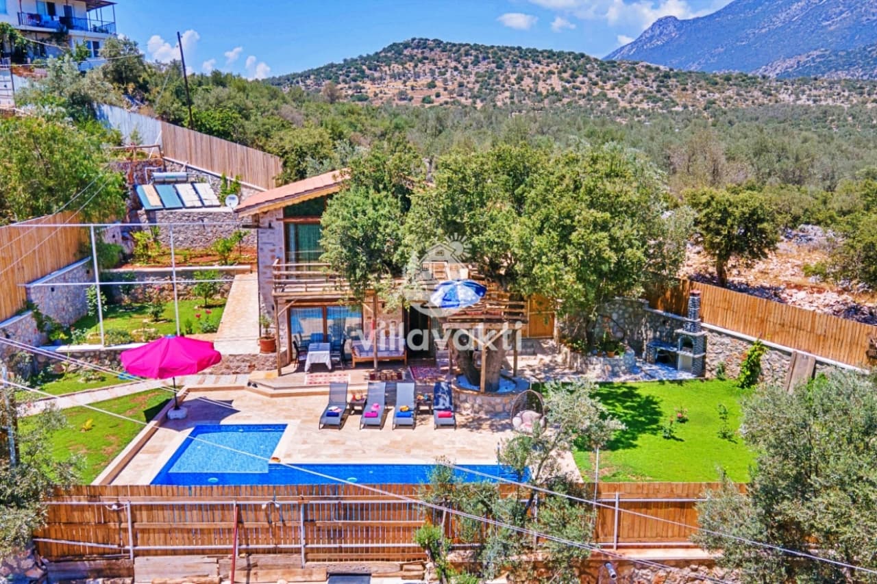 Ağaçlı bahçesi, taş duvarlı barbekü alanı ve havuzu olan iki katlı villa.