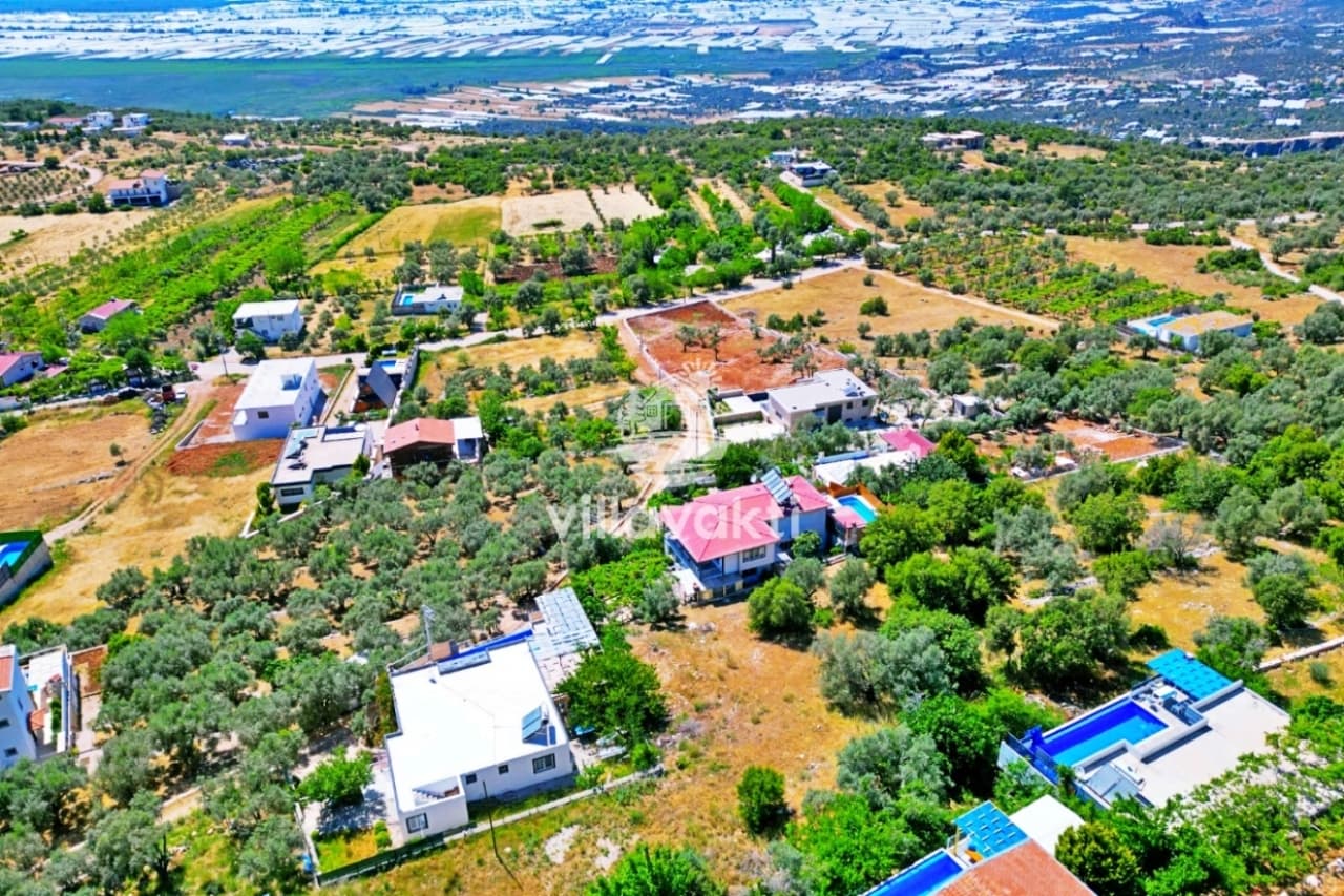 Yeşil ağaçlar ve müstakil evlerle kaplı kırsal alanın kuş bakışı görünümü.