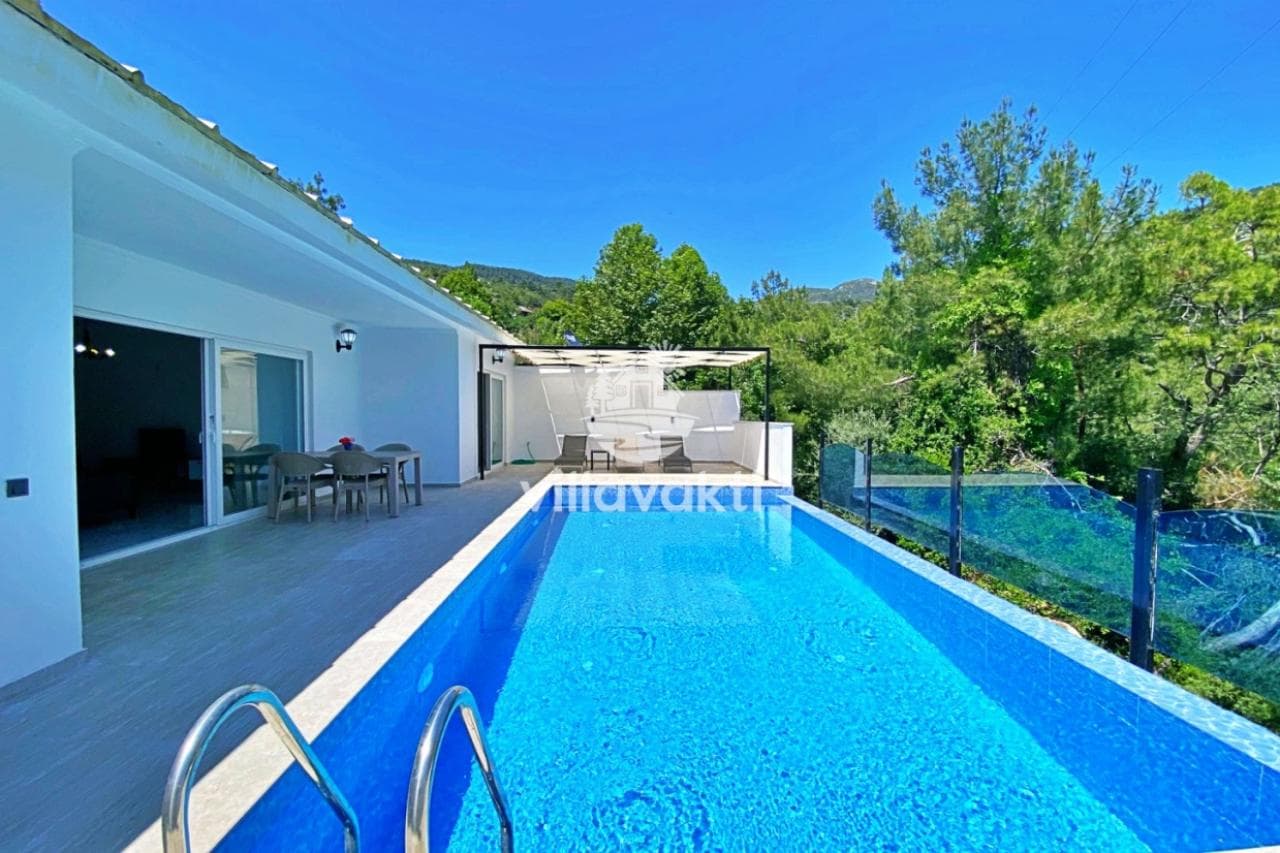 Ağaçlık alana bakan, uzun dikdörtgen havuzlu villa verandası.