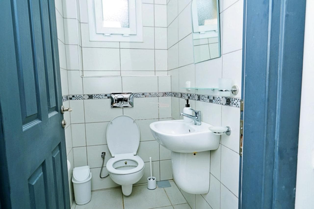 Beyaz fayanslarla kaplı, klozet ve lavabonun yer aldığı küçük bir banyo.