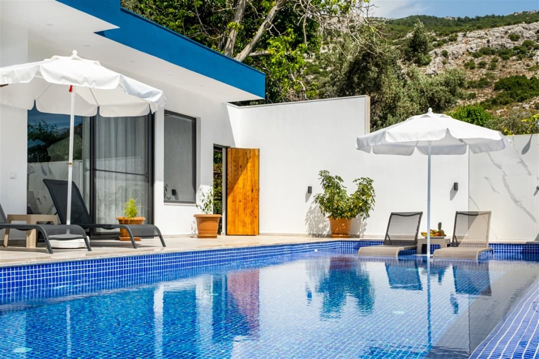 Mavi mozaik kaplı havuzun başında beyaz şemsiyeler, şezlonglar ve saksı bitkileri bulunan beyaz modern bir villa.