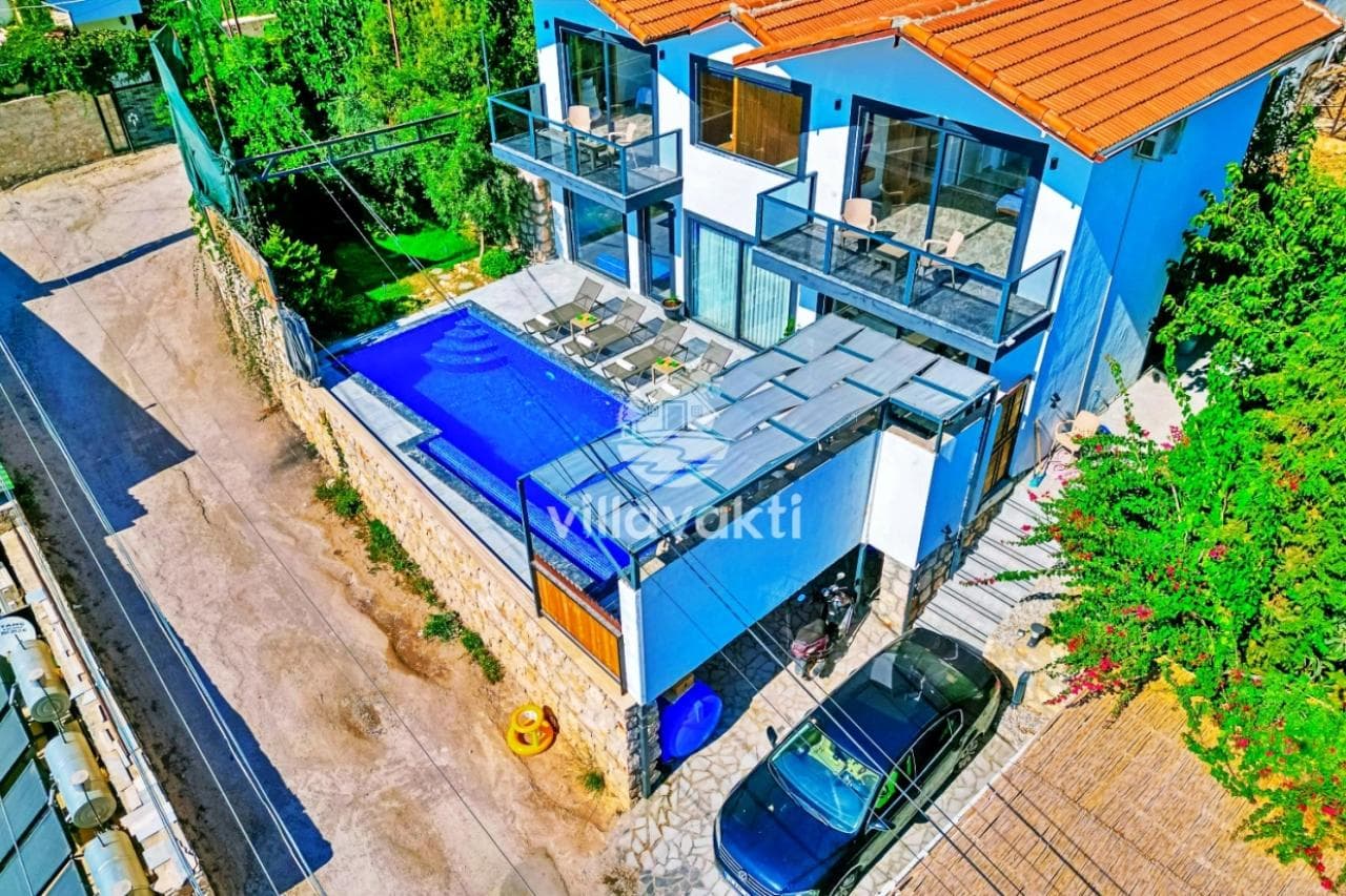 Kuş bakışı görünümde havuzlu villa, park halindeki otomobil ve çevredeki ağaçlar.