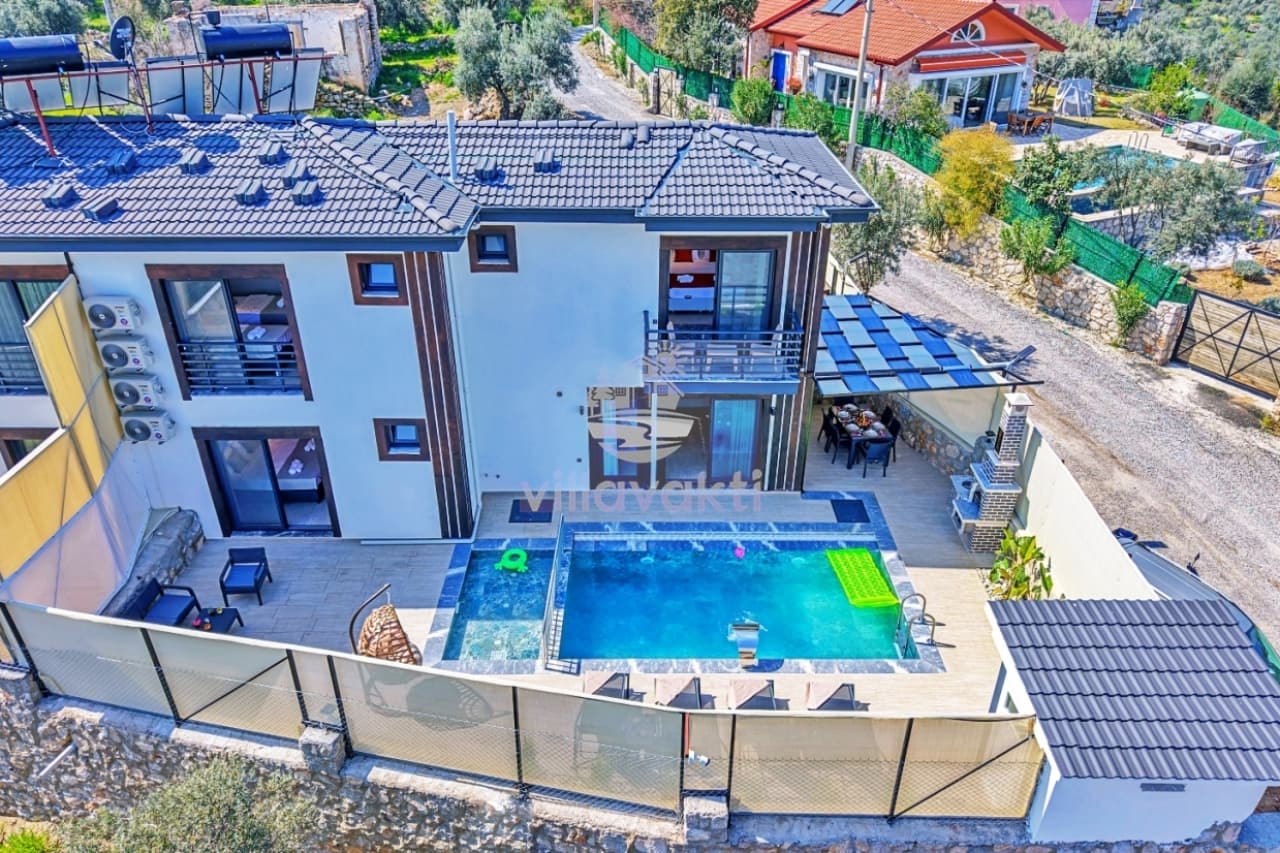 Üstten bakışla havuzlu villa, bahçesinde yemek masası, barbekü alanı ve çevresinde zeytin ağaçları.
