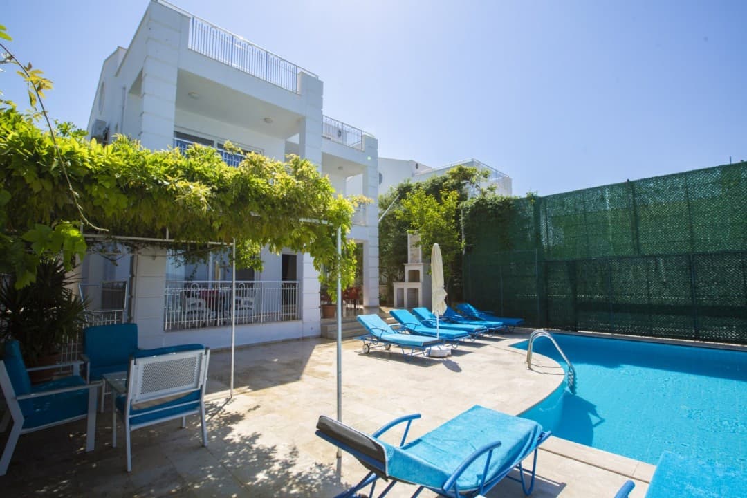 Beyaz villa önünde havuz, şezlonglar ve sarmaşıklı çardak yer alıyor.